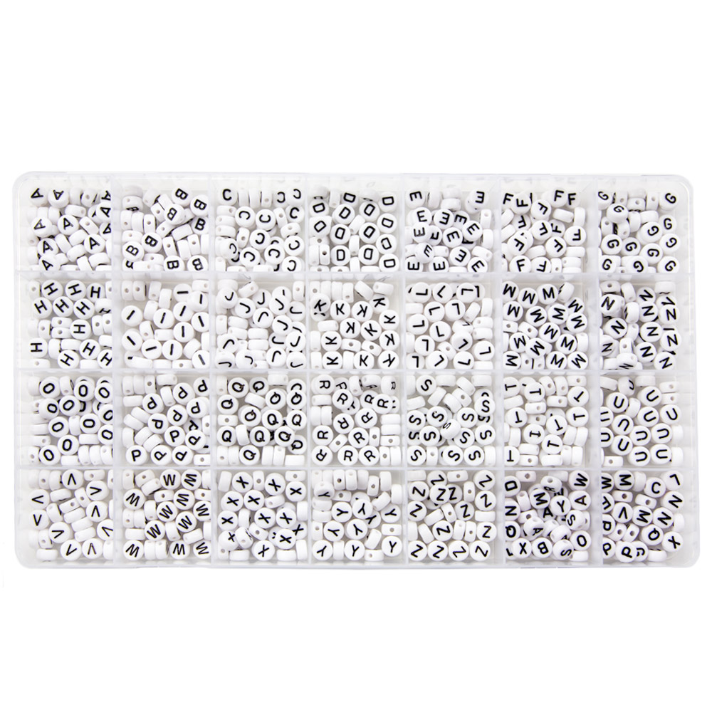 Assortiment XL - Perles Lettres Alphabet A/Z (7 x 3.5 mm) White-Black (35 perles par lettre) 